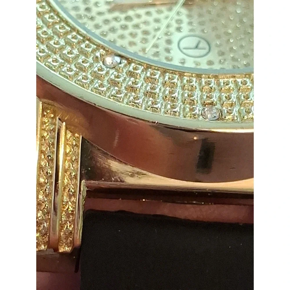 Techno Pave 7204 Iced Out 55mm Mens Watch. Goldtone, Black Silicone Band,Gems.
